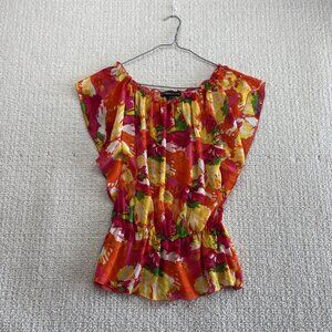 Y2K No Strings Attached Sheer Floral Blouse Ruffle Boho Romantic USA Made Sz M